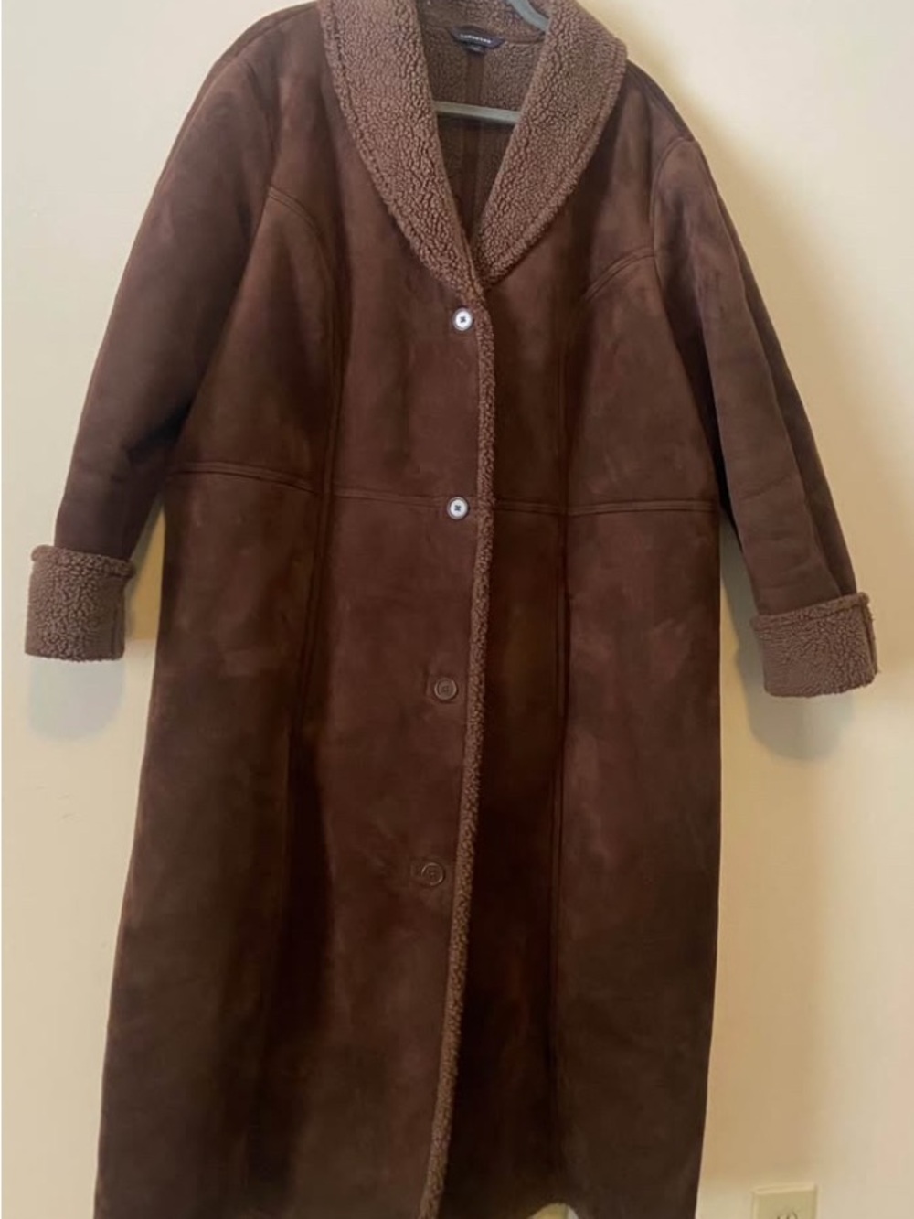 Lands' End Brown Shearling-Trim Long Trench Coat women’s plus size